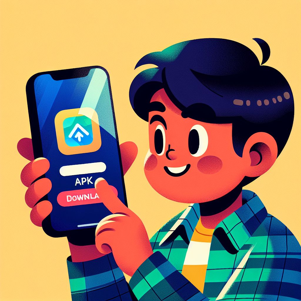 BGD22 app cartoon character holding a smartphone with app icons and download arrow