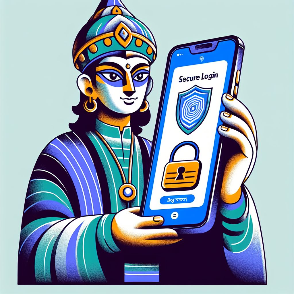 BGD22 themed cartoon character holding a phone with a login screen and security shield
